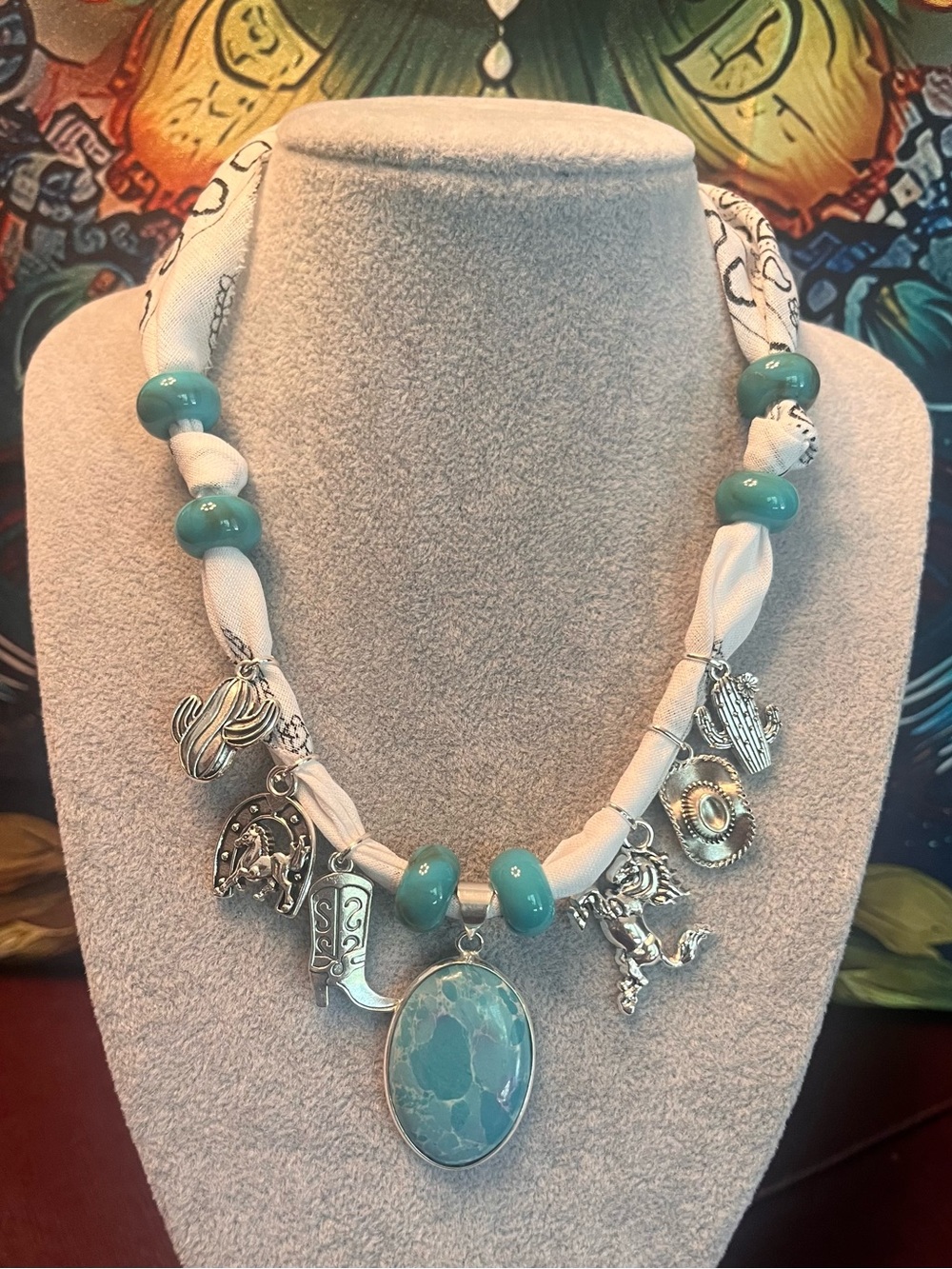 Beautiful Oval Larimar Charm Pendant Bandana Necklace with Silver Accents